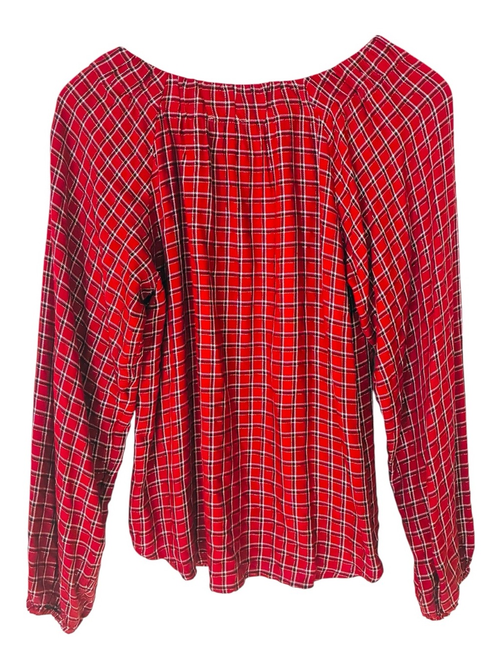 Ann Taylor LOFT Sz SMALL Red Plaid Metallic Gold Long-Sleeve Peasant Blouse Top - Picture 7 of 7
